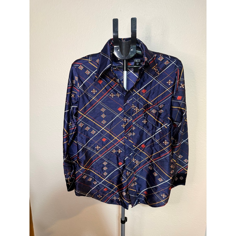 Vintage Zayre Menshop 70s Disco Shirt Navy Blue Plaid Geometric Mens Medium